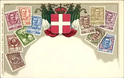Briefmarken Litho Italien, König Viktor Emanuel III. von Italien, Wappen