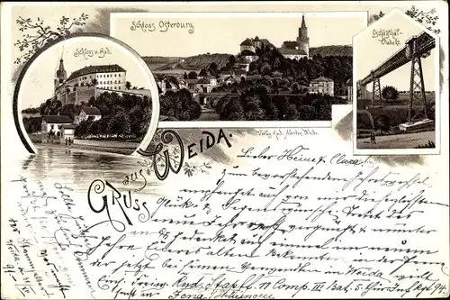 Vorläufer Litho Weida im Kreis Greiz Thüringen, Schloss Osterburg, Oschütztal Viadukt, Panorama