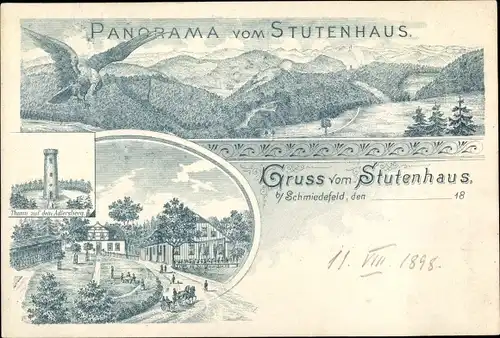 Litho St. Kilian in Thüringen, Stutenhaus, Turm auf dem Adlersberg, Adler, Landschaftspanorama