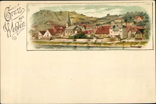 Vorläufer Litho Wehlen an der Elbe Sachsen, Blick auf Stadt und Kirche