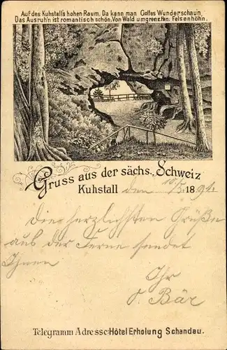 Vorläufer Litho Bad Schandau an der Elbe, Kuhstall, Felsentor im Elbsandsteingebirge