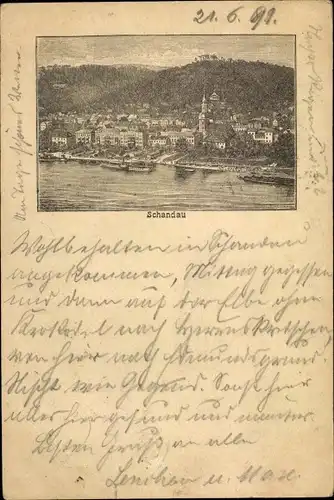 Vorläufer Litho Bad Schandau an der Elbe, Flusspartie mit Blick auf die Stadt 