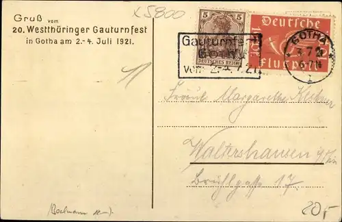 Ak Gotha im Thüringer Becken, 20. Westthüringer Gauturnfest 1921, Turner, Panorama vom Ort