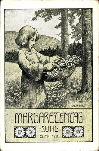 Künstler Ak Bohn, Oskar, Suhl in Thüringen, Margaretentag 1911, Mädchen mit Blumenkorb
