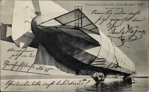 Ak Zeppelin's Luftschiff, neues Modell 4 von 1908, Vor dem Aufstieg über dem Bodensee