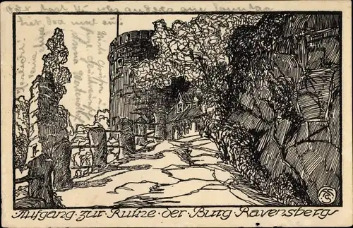 Künstler Ak Hasekamp, Hans, Borgholzhausen in Westfalen, Aufgang zur Ruine der Burg Ravensberg