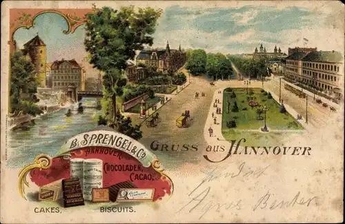 Litho Hannover in Niedersachsen, Platz, Brücke, B. Sprengel & Co. Schokolade