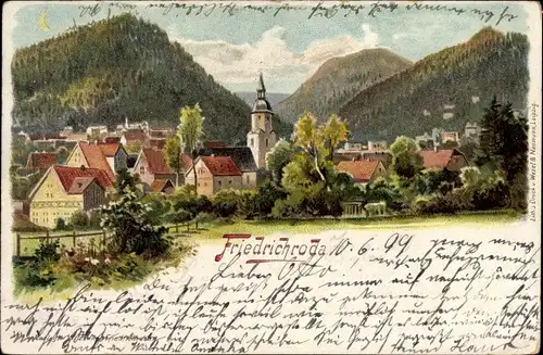 Litho Friedrichroda im Thüringer Wald, Ansicht vom Ort, Kirchturm