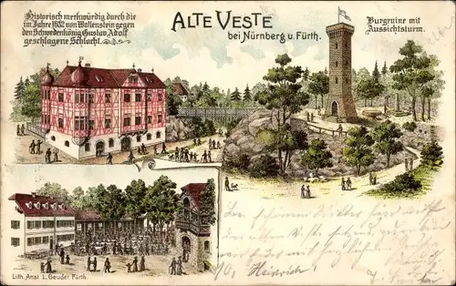 Litho Altdorf in Mittelfranken, Alte Veste, Burgruine mit Aussichtsturm