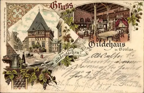Litho Goslar in Niedersachsen, Gruß aus dem altdeutschen Gildehaus