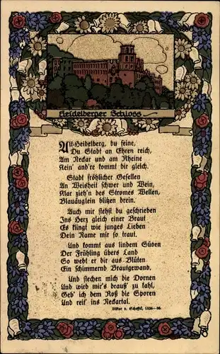 Steindruck Ak Heidelberg am Neckar, Heidelberger Schloss, Gedicht