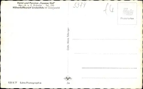 Ak Lindenfels im Odenwald Hessen, Hotel und Pension Essener Hof, Bes. Rübsam