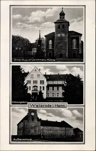 Ak Walsrode im Heidekreis, Ernst August Denkmal und Kirche, Erholungsheim, Aufbauschule