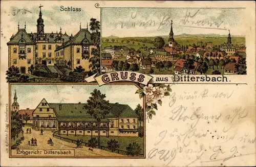 Litho Dürrröhrsdorf Dittersbach in Sachsen, Schloss, Erbgericht, Totalansicht