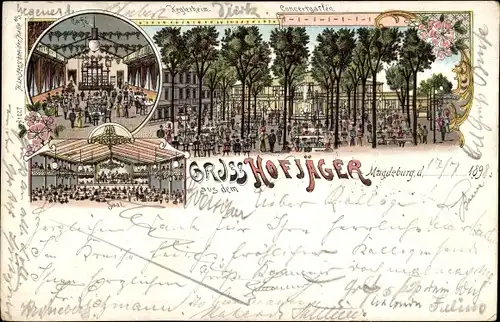 Litho Magdeburg in Sachsen Anhalt, Gruß aus dem Hofjäger, Konzertgarten