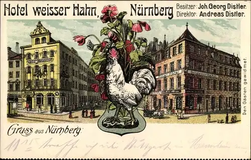 Künstler Ak Nürnberg in Mittelfranken Bayern, Hotel weißer Hahn, Bes. Joh. Georg Distler