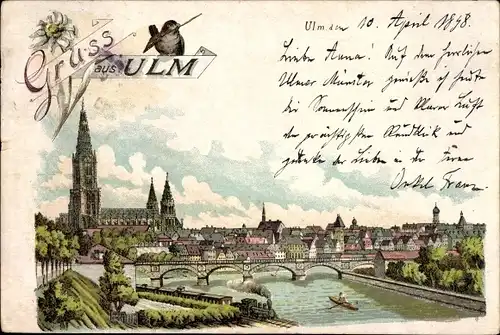 Litho Ulm an der Donau Baden Württemberg, Stadtpanorama mit dem Münster, Brücke, Eisenbahnstrecke