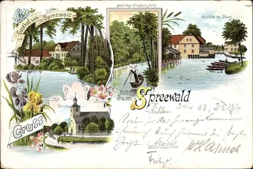 Litho Burg im Spreewald, Gasthof zum Spreewald, Mühle, Kirche, Mutnitza beim Forsthaus Eiche