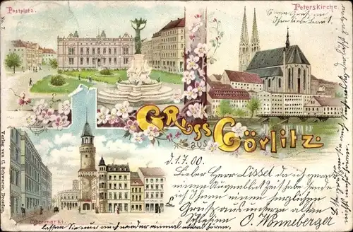 Litho Görlitz in der Lausitz, Postplatz mit Brunnen, Obermarkt, Turm, Peterskirche