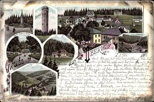 Litho Oberhof im Thüringer Wald, Schneekopf, Schweizerhütte, Stutzhaus Schwarzwald, Bahhof, Denkmal