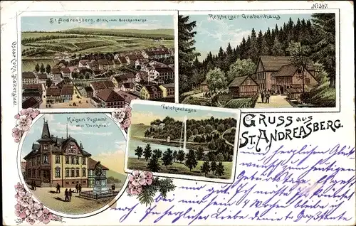 Litho St. Andreasberg Braunlage im Harz, Blick vom Glockenberge, Rehberger Grabenhaus, Post, Teiche