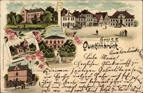 Litho Quakenbrück in Niedersachsen, Gut Vehr, Rathaus, Langestraße, Töchterschule, Gymnasium, Post