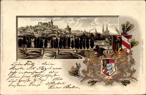 Präge Wappen Passepartout Litho Nürnberg in Mittelfranken, Panorama von St. Johannis