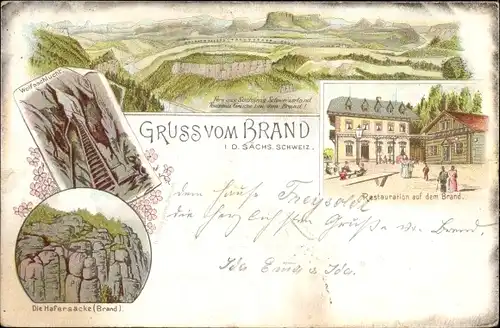 Litho Hohnstein in Sachsen, Brand, Restauration, Hafersäcke, Wolfsschlucht, Panorama