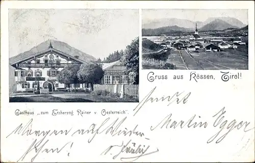 Ak Kössen in Tirol, Gasthaus zum Erzherzog Rainer von Österreich, Panorama vom Ort