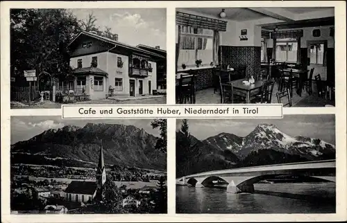 Ak Niederndorf in Tirol, Café und Gaststätte Huber, Kirche, Brücke