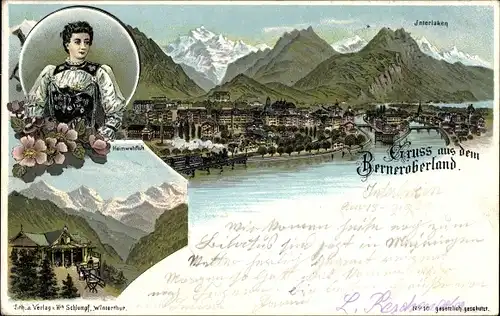 Litho Interlaken Kt. Bern Schweiz, Heimwehfluh, Frau in Volkstracht, Panoramablick auf die Stadt