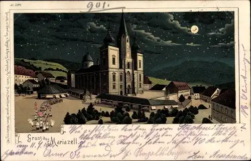 Mondschein Litho Mariazell Steiermark, Basilika, Kirchliche Prozession