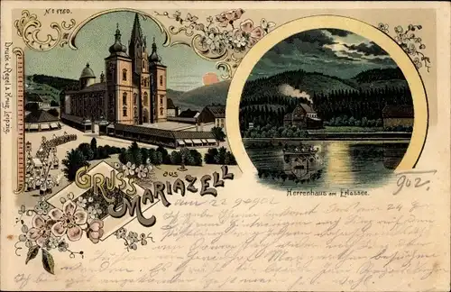 Litho Mariazell Steiermark, Herrenhaus am Erlaufsee, Basilika