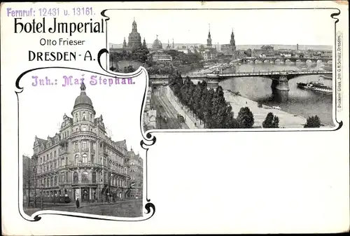 Ak Dresden, Hotel Imperial, Otto Frieser, Inh. Max Stephan, Stadtpanorama