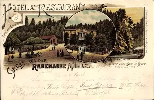 Litho Rabenau im Erzgebirge, Mühle, Bastei, Dampflok, Panorama vom Ort