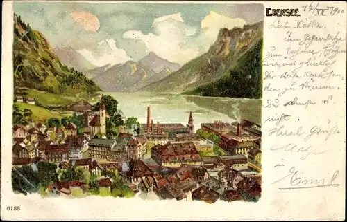 Litho Ebensee in Oberösterreich, Ortschaft mit Landschaftspanorama