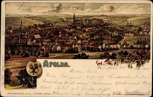Wappen Litho Apolda im Weimarer Land Thüringen, Panoramablick auf die Stadt