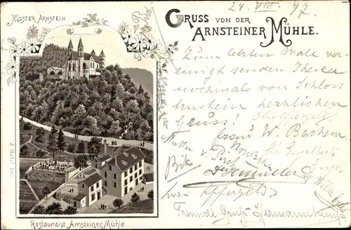 Litho Arnstein Unterfranken, Restaurant Arnsteiner Mühle, Kloster Arnstein