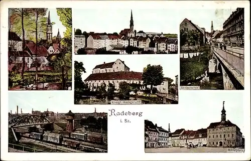 Ak Radeberg im Kreis Bautzen Sachsen, Amtsgericht, Stolpener Straße, Marktplatz, Bahnhof, Wasserturm