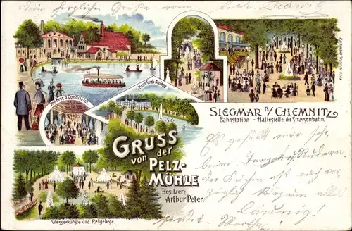 Litho Siegmar Chemnitz in Sachsen, Pelzmühle, Bes. Arthur Peter, Wasserkünste, Konditorei, Teich