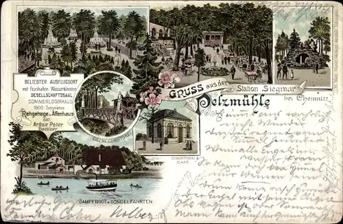 Litho Siegmar Chemnitz in Sachsen, Pelzmühle, Bes. Arthur Peter, Affenhaus, Rehgehege, Konditorei