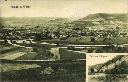 Ak Falken Treffurt im Wartburgkreis, Falkener Klippen, Ortschaft mit Landschaftspanorama