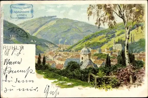 Litho Ruhla in Westthüringen, Ortschaft mit Landschaftsblick, Fahrräder von August Stukenbrok