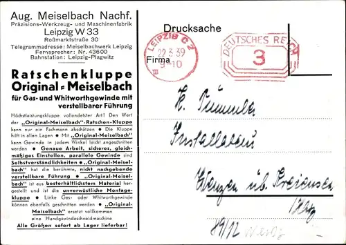 Ak Original Meiselbach Schneidkluppen, Reklame, Gewindeschneiden, Leipzig, Roßmarktstraße 30