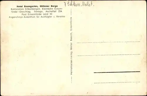 Ak Owschlag in Schleswig Holstein, Hotel Baumgarten, Hüttener Berge, Kaffee Garten, Aschberg