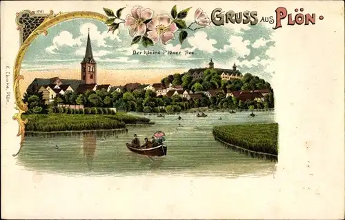 Litho Plön in Schleswig Holstein, Der kleine Plöner See, Ruderboot, Kirche