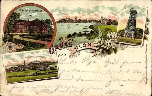 Litho Plön in Schleswig Holstein, Prinzenhaus, Aussichtsturm, Panoramablick auf die Stadt