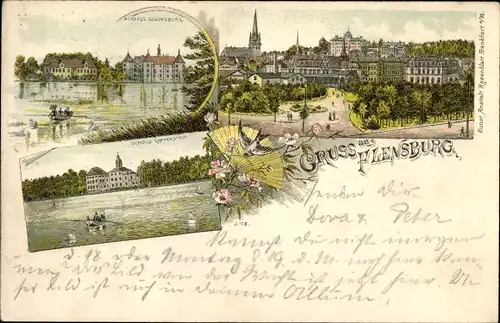 Litho Flensburg Schleswig Holstein, Schloss Glücksburg, Schloss Gravenstein, Teilansicht der Stadt