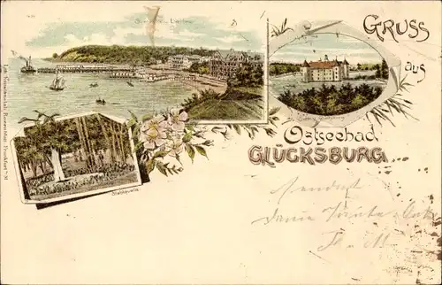 Litho Glücksburg in Schleswig Holstein, Stahlquelle, Schloss, Strandhotel