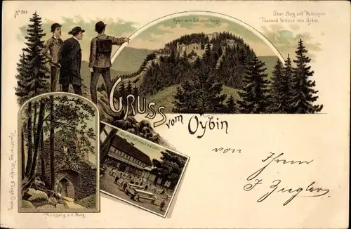 Litho Oybin in Sachsen, Burg, Gesellschaftshaus, Blick vom Schuppenberge, Wanderer 